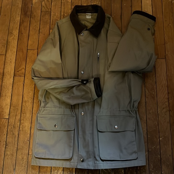 Leather trim heavy canvas tan jacket. Size Adult Large (L). - Picture 3 of 5